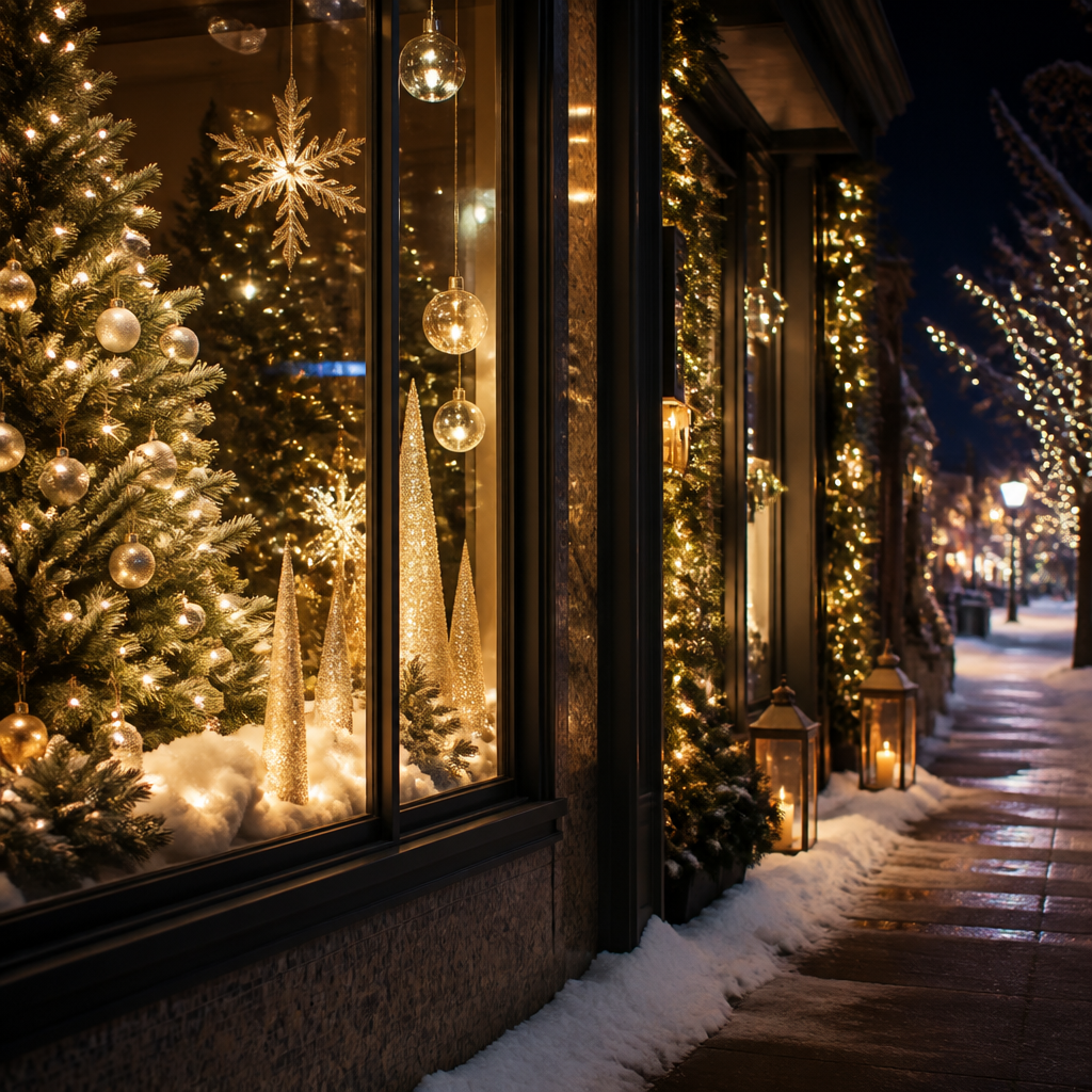 Storefront window with warmly lit Christmas trees and gold ornaments; snow on the sidewalk outside at night.