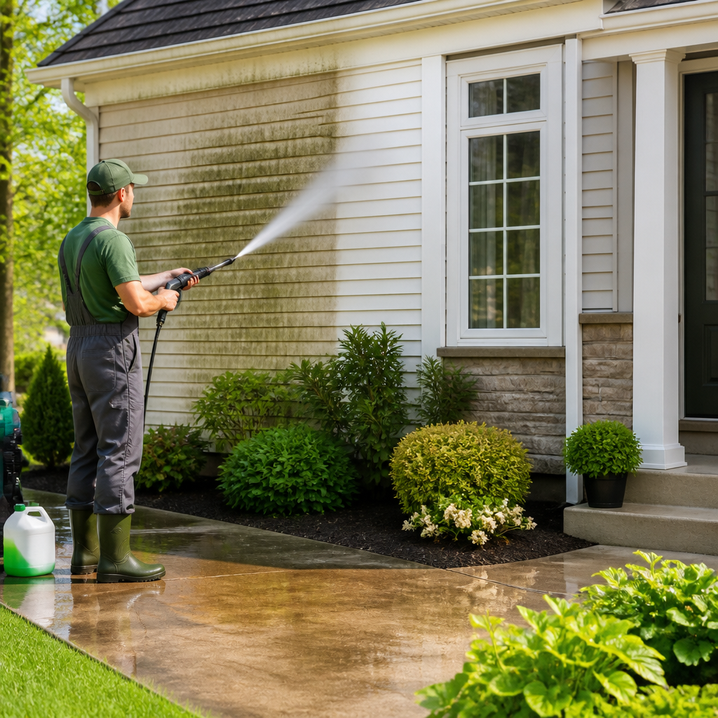 Maintenance worker pressure-washing the house siding on a sunny day, spraying water on beige exterior.