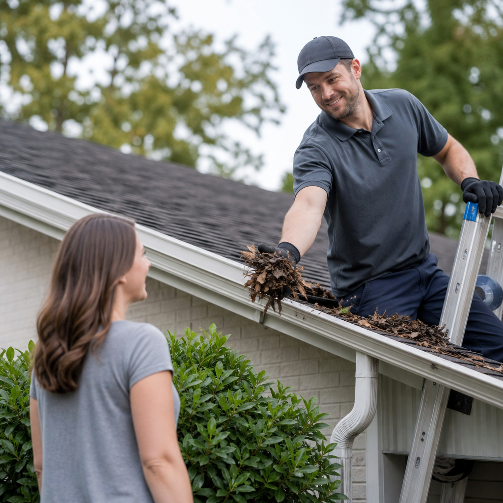 Man on a roof hands a clump of leaves to a woman standing beside a ladder and gutter of a house, during leaf cleanup.