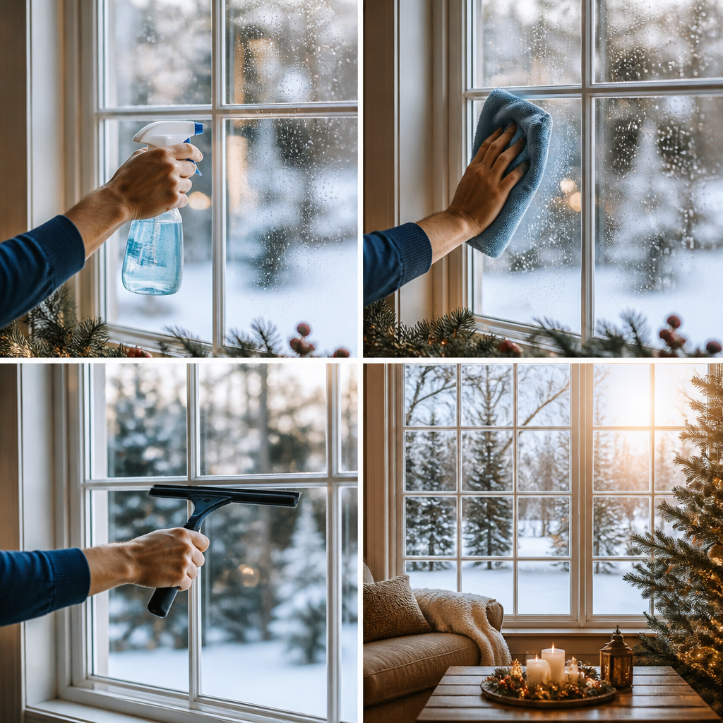Person sprays blue window cleaner and cleans a snowy outdoor scene through a window (indoor scene of cleaning).