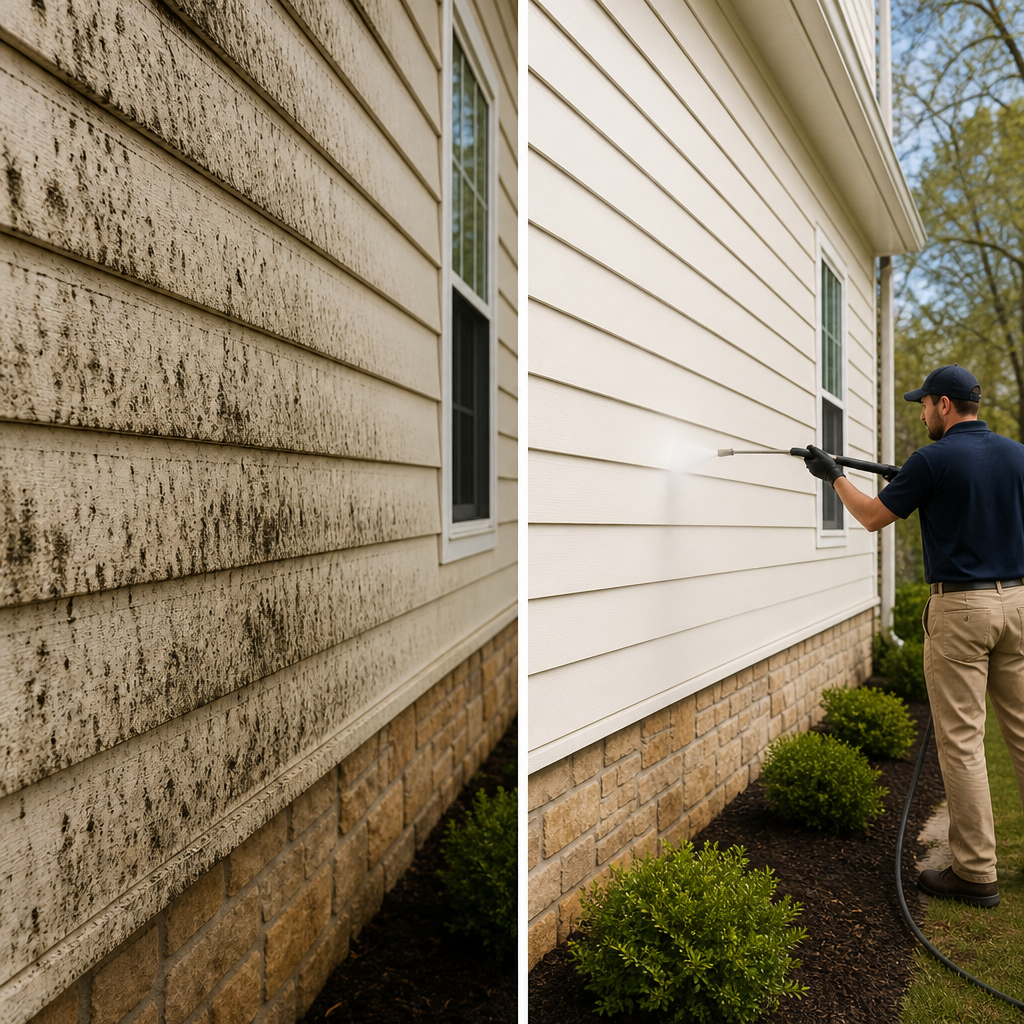 Left panel shows dirty, mold-stained siding; right panel shows clean siding after power washing, with a worker spraying the wall.
