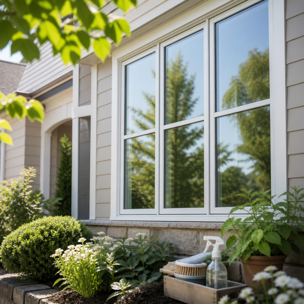 Front of a house with a large window, greenery in bloom, and a gardening tray with spray bottle and brushes on the stone ledge.