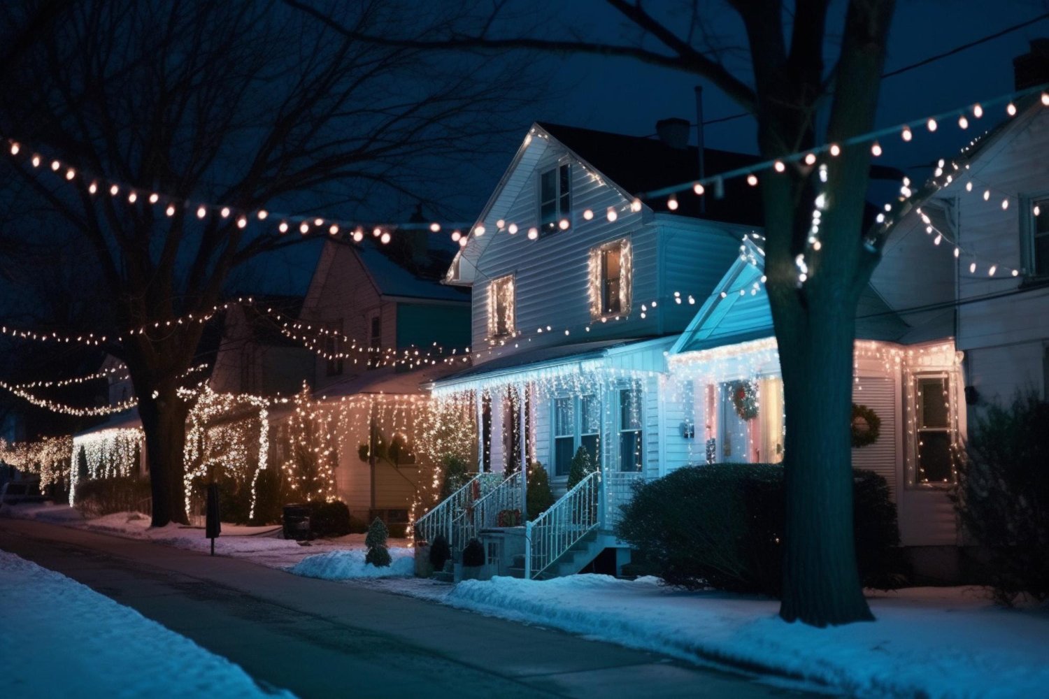 Snowy suburban street at night with houses outlined in warm and blue string lights at their façades under a dark sky.