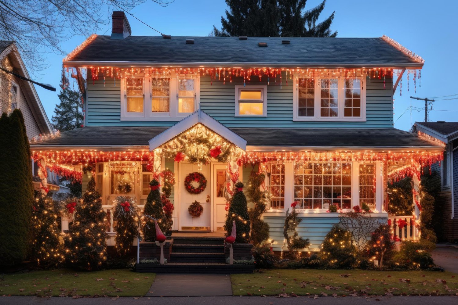 Two-story blue house decorated with warm Christmas lights along the roofline and porch columns.”, “Front of a house wrapped in red and white Christmas lights with wreaths on the door.”, “Christmas-lit home with garlands, wreaths, and illuminated evergreens on the porch.”, “Cozy festive residence exterior during holidays with string lights and glowing windows.”, “Decorated entryway with garland, wreaths, and lit trees on a holiday-friendly home.”]}``` Wait: I included a stray backtick and quotes. Need proper JSON. Remove extra punctuation and ensure valid JSON. Also first alt has stray closing quote. Let's fix. Also no fancy punctuation. Let's output clean. Also the format requires JSON only. The field: altTexts array of strings. Let's provide five. Ensure under 125 chars each; ensure no quotes inside. Let's craft final. 1: