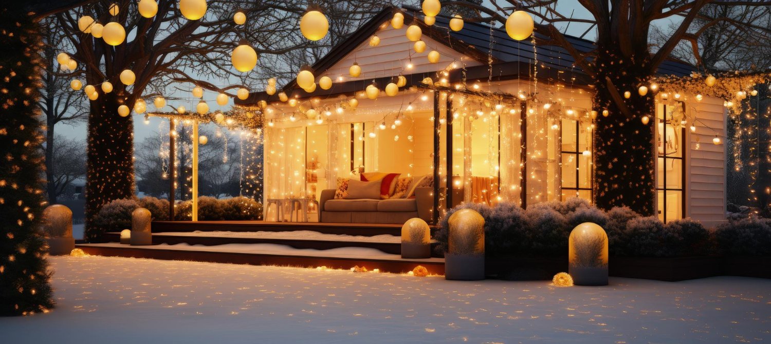 Cozy illuminated cabin in the snow with warm string lights and orbs decorating the porch area at dusk.