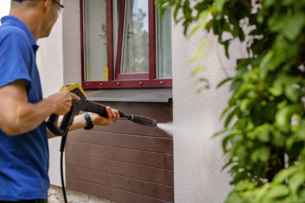 Person in a blue polo uses a pressure washer to clean the exterior wall near a window. Water spray visible from the nozzle.