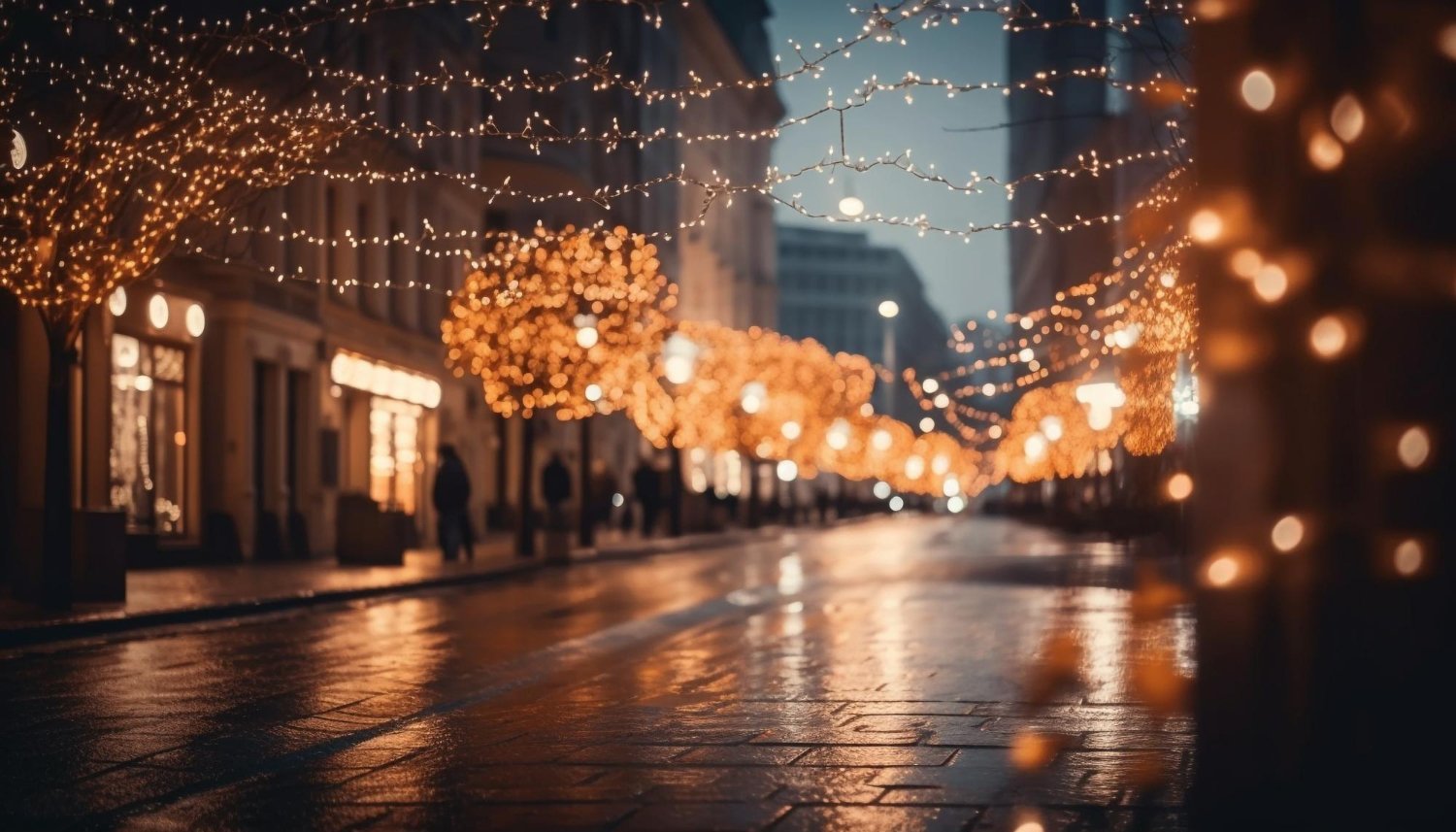 Night street lined with warm fairy lights, wet pavement reflecting the glow and blurred storefronts in the distance, creating a cozy urban scene.
