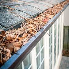 Close-up of a gutter along a sloped roof filled with brown autumn leaves and debris.