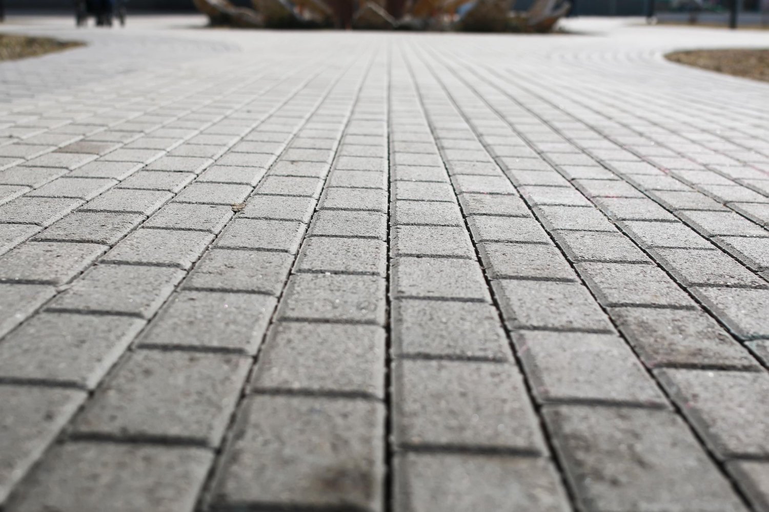 Low-angle view of a gray brick walkway, with rectangular pavers extending toward the distance.