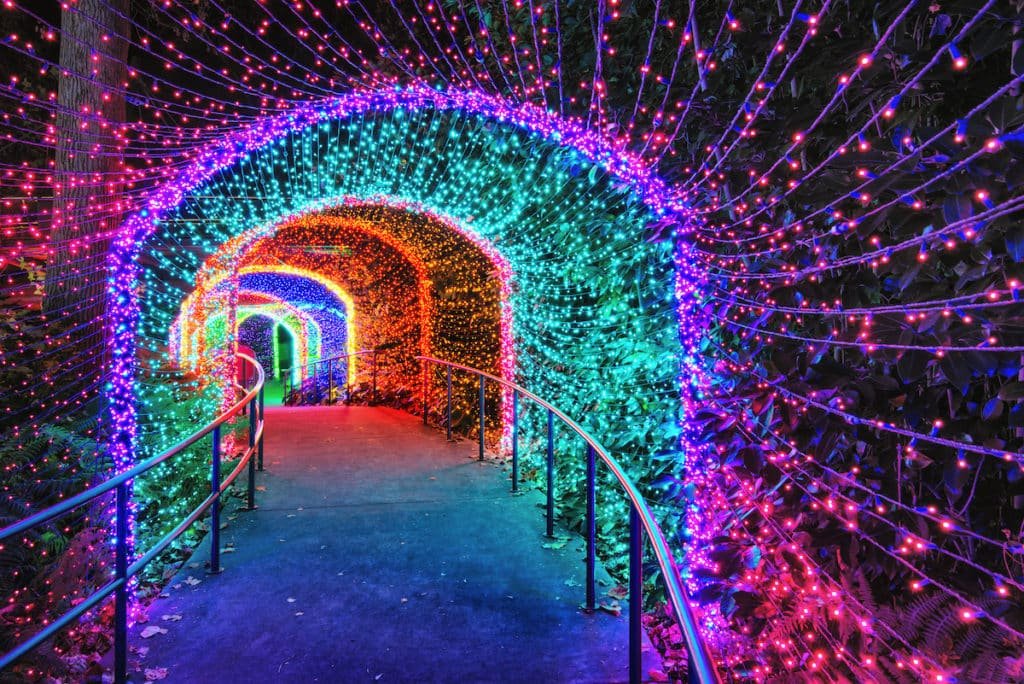 Colorful LED tunnel along a walkway, rainbow arches of lights creating a festive pathway.